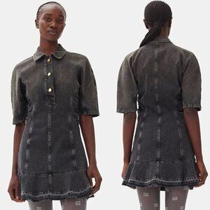 NWT Ganni Short Sleeves Collared Denim Washed Black Mini Dress Size: 10